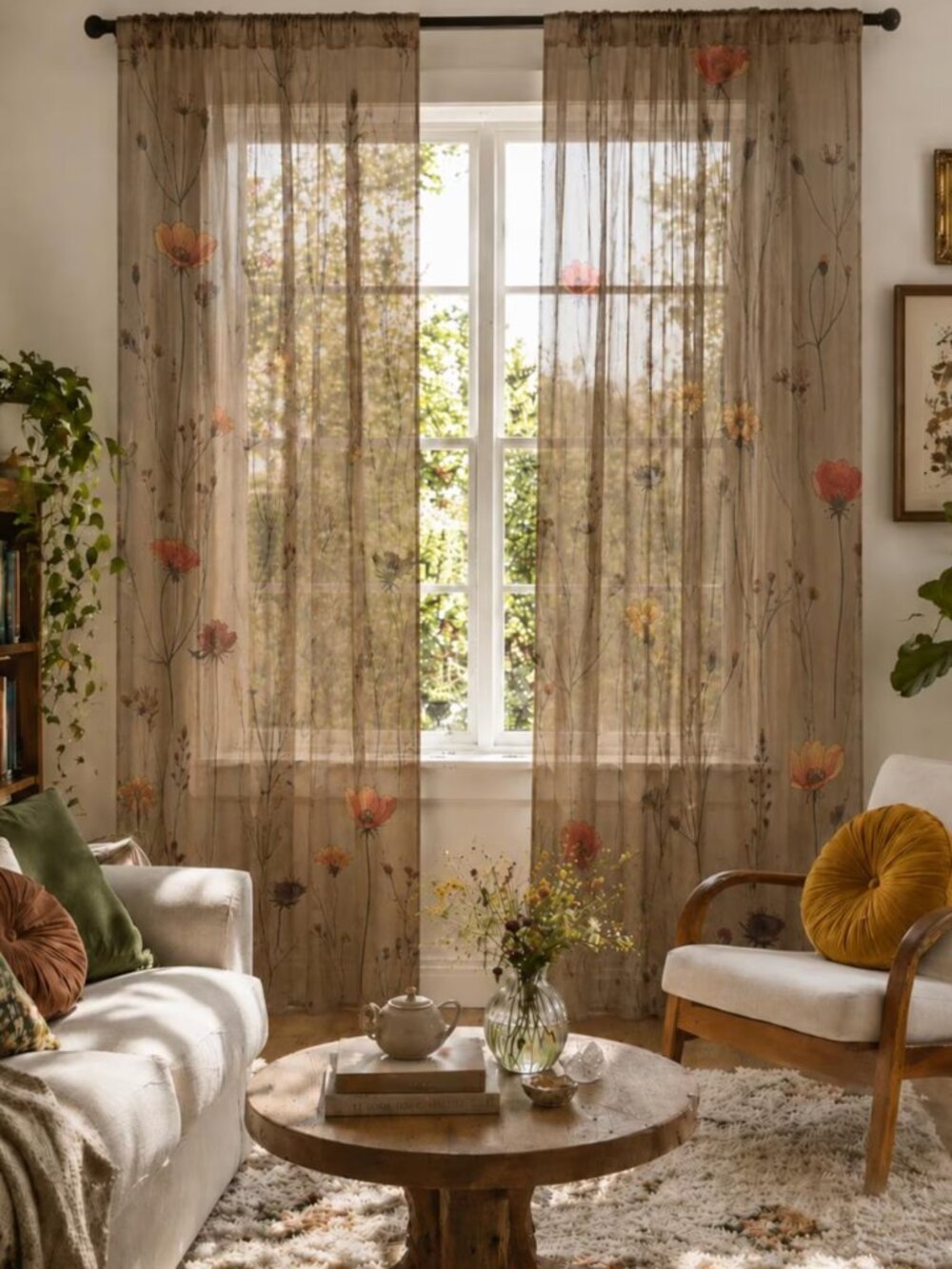 Whimsical Sheer Floral Curtains | Soft Botanical Window Panels | Light Gothic